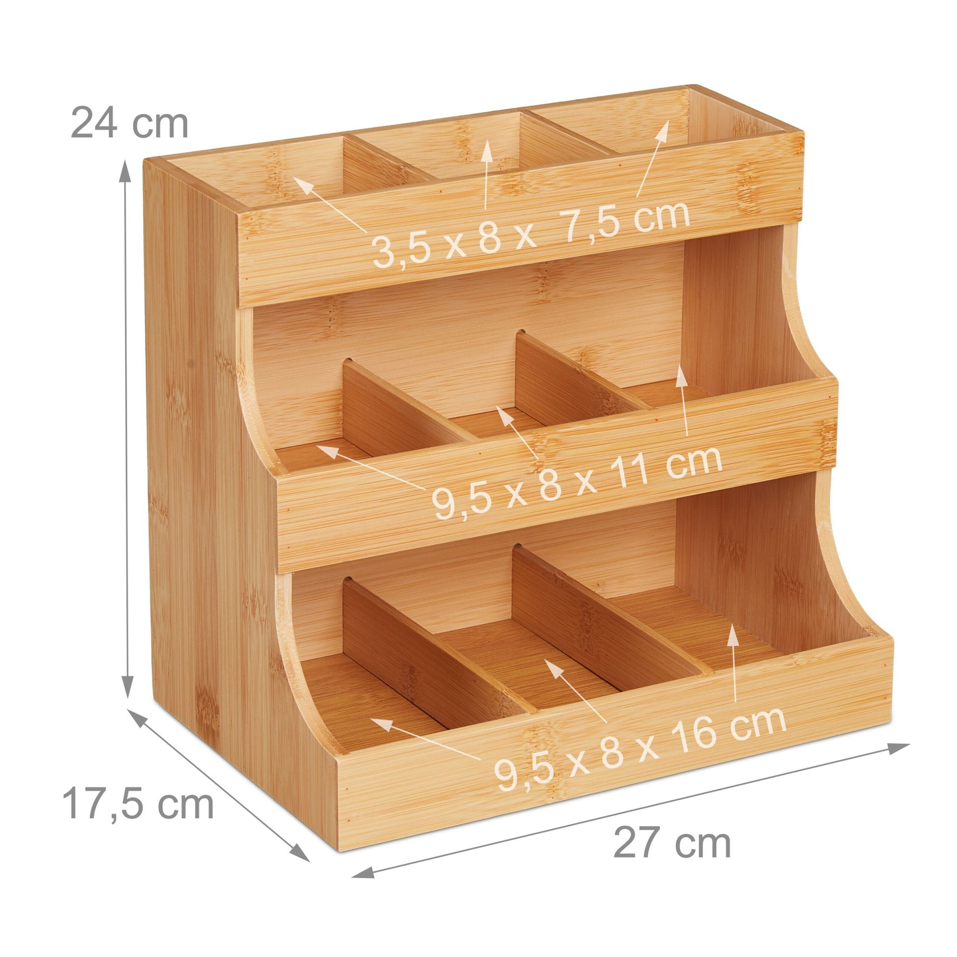 Relaxdays Teebeutelbox Bambus/MDF, 9 Fächer, 27 × 17,5 × 24 cm, natur