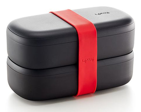 Lékué Lunchbox – 1 l, 10,0 × 19,2 × 11,0 cm, Kunststoff (PP), Schwarz, mikrowellengeeignet, mit Besteck