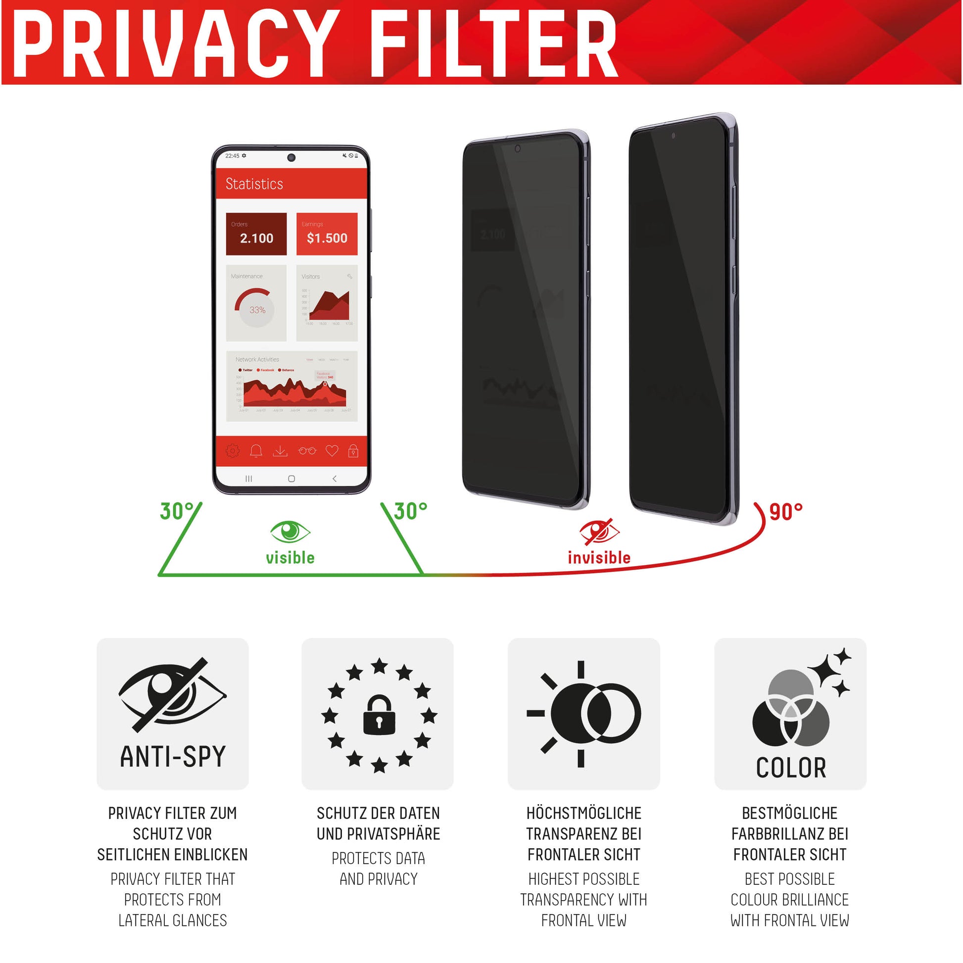 Displex Privacy-Filter (Panzerglas), 10H – für iPhone 13/13 Pro/14 und andere – mit Applikator