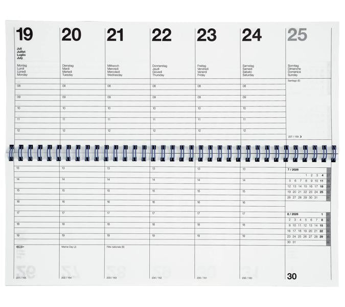 Biella Agenda – 1 Woche/2 Seiten, Spiralbindung, 29,8 × 11,7 cm, 2026, mehrsprachig, schwarz, FSC