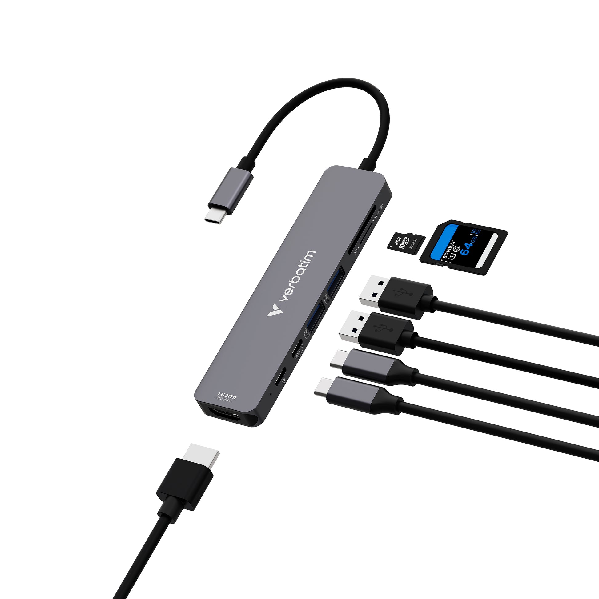 Verbatim 32158 USB-Hub – USB-C, 1× HDMI, 2× USB-A, 1× USB-C, 100 W PD, SD/microSD, für Windows/Mac/Linux