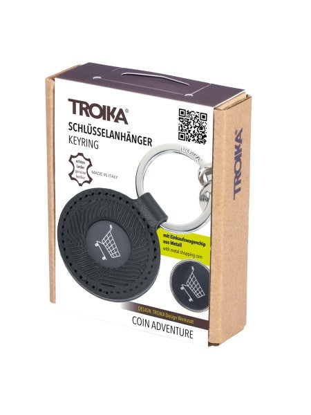 TROIKA Schlüsselring Coin Adventure – mit Einkaufschip, Leder, Schwarz, Ø 45 mm