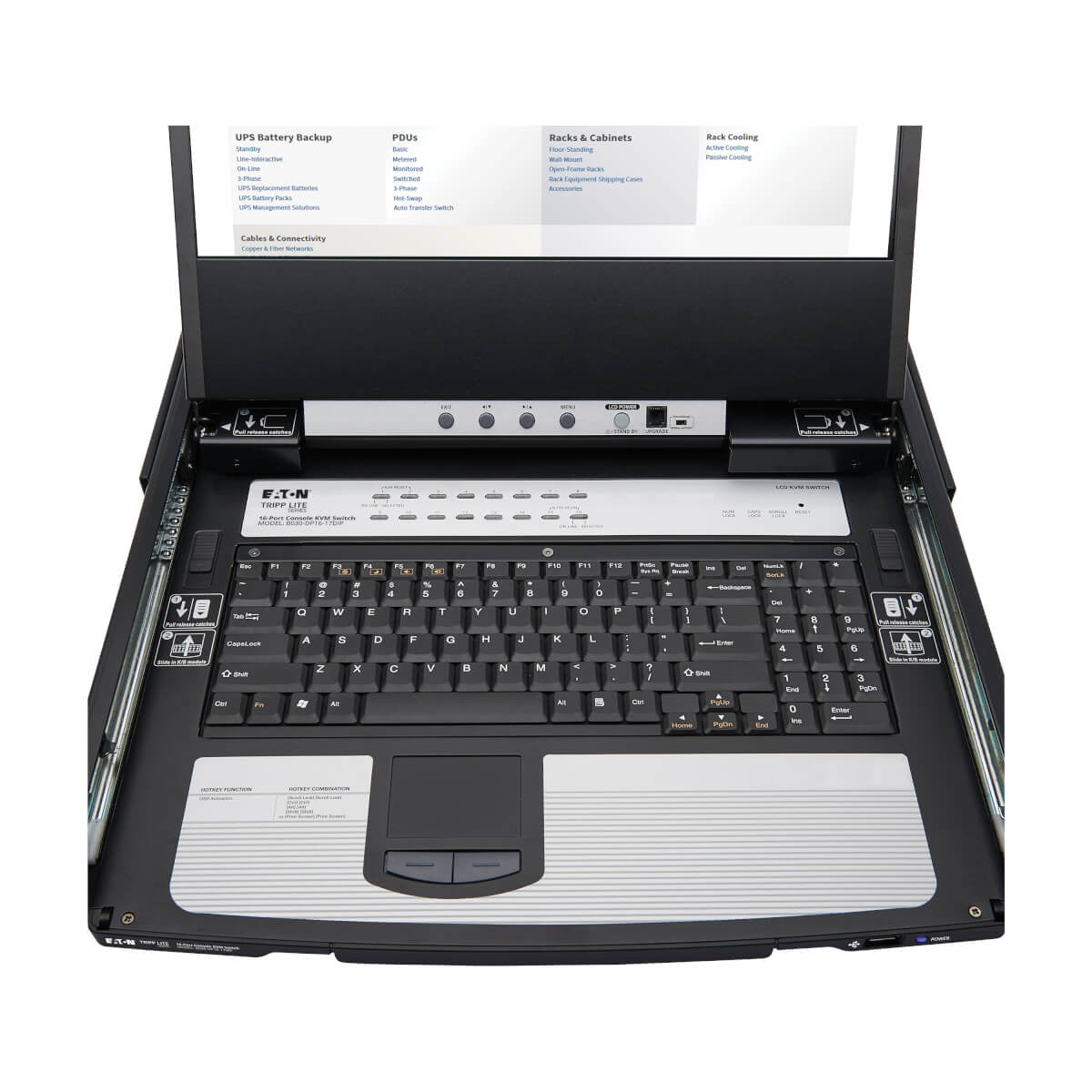 Tripp Lite B030-DP16-17DIP – 17" Rack-LCD-Konsole – 16-Port DisplayPort KVM, 1920 × 1080, USB 2.0-Hub, 1U