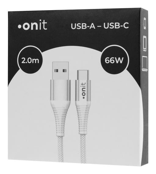 ONIT USB-A auf USB-C Kabel – USB 2.0 (480 Mbit/s) – 2 m – PD 66 W – Geflochten – Weiss