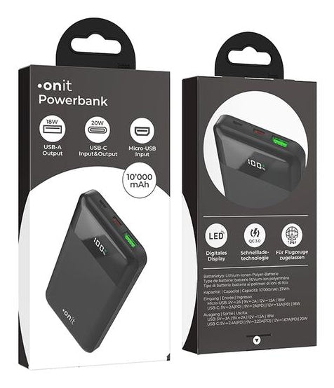 ONIT Powerbank 10'000 mAh – 20 W PD, 1× USB-C, 1× USB-A, schwarz