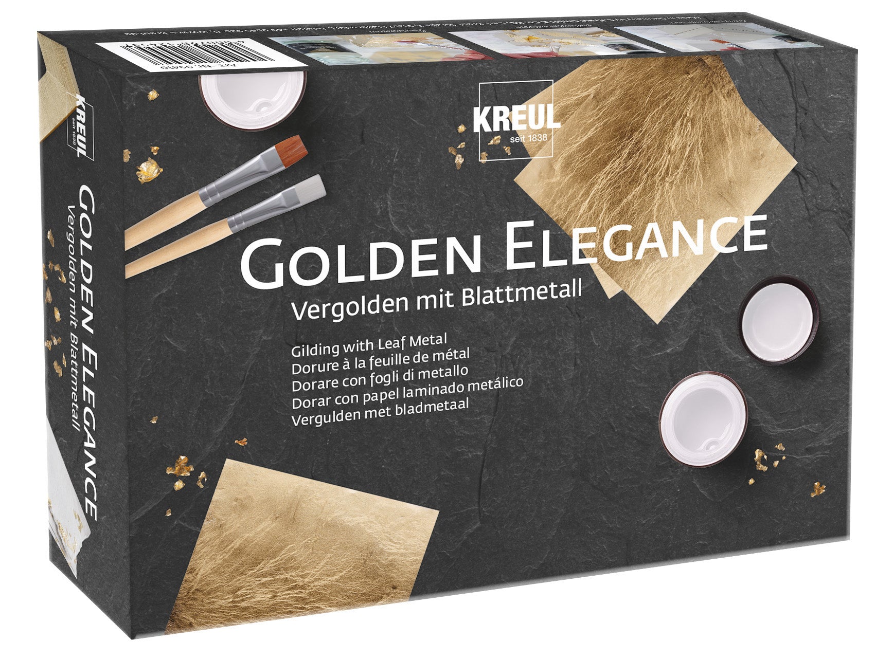 KREUL Golden Elegance – Bastelset – Vergolden mit Blattmetall – 6 Blattmetallblätter 14 × 14 cm, 2 × 50 ml, 2 Pinsel