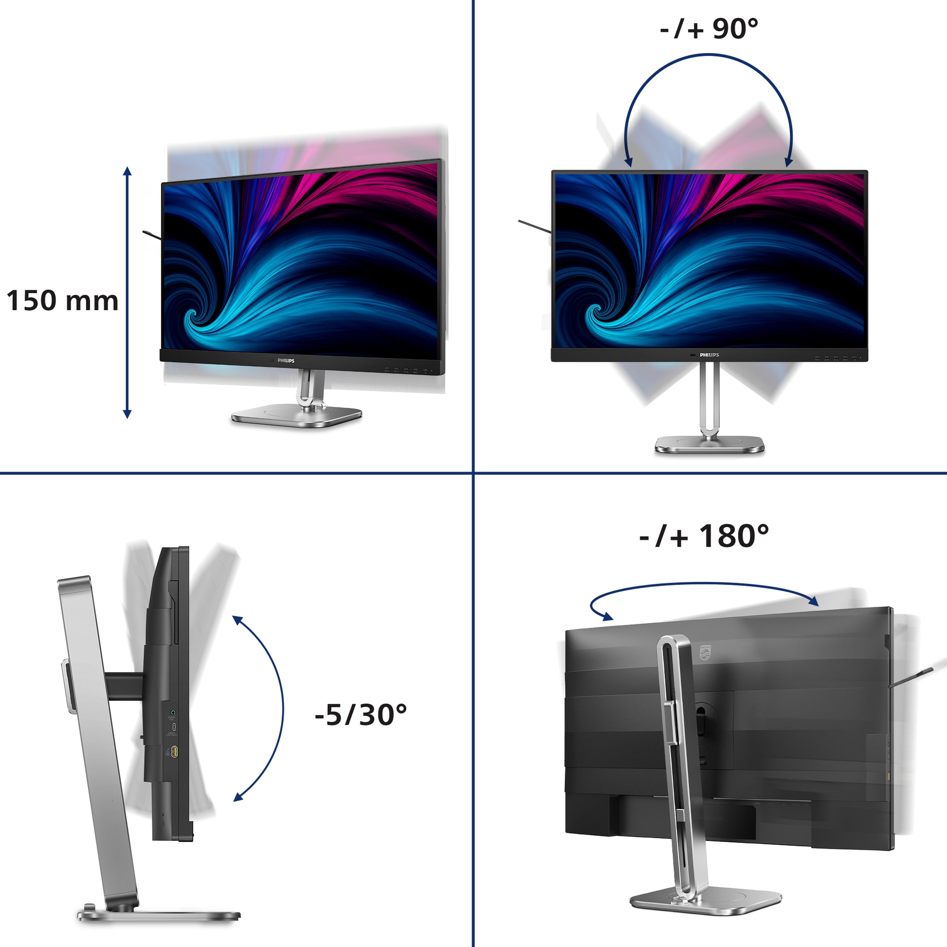 Philips 27B2N4500/00 – Monitor, 27", 120 Hz, 350 cd/m², Adaptive Sync, Integrierte Lautsprecher, USB-Hub, Grau