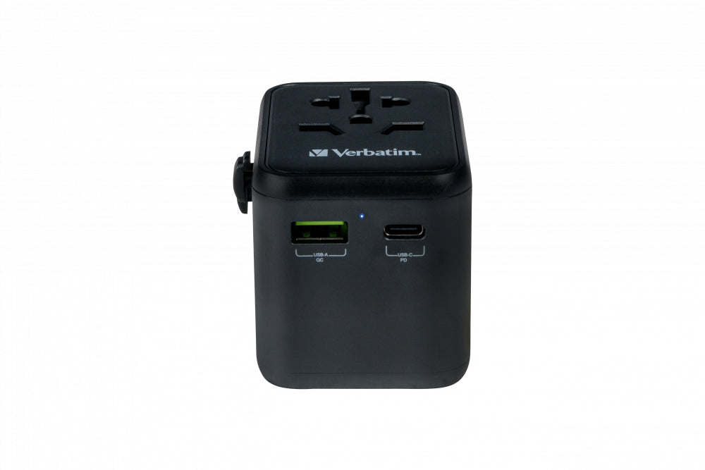 Verbatim Reiseadapter – 100–250 V, 2'500 W, 2x USB (PD20W) – von Typ A/B/C zu Typ E/F/G usw. – schwarz
