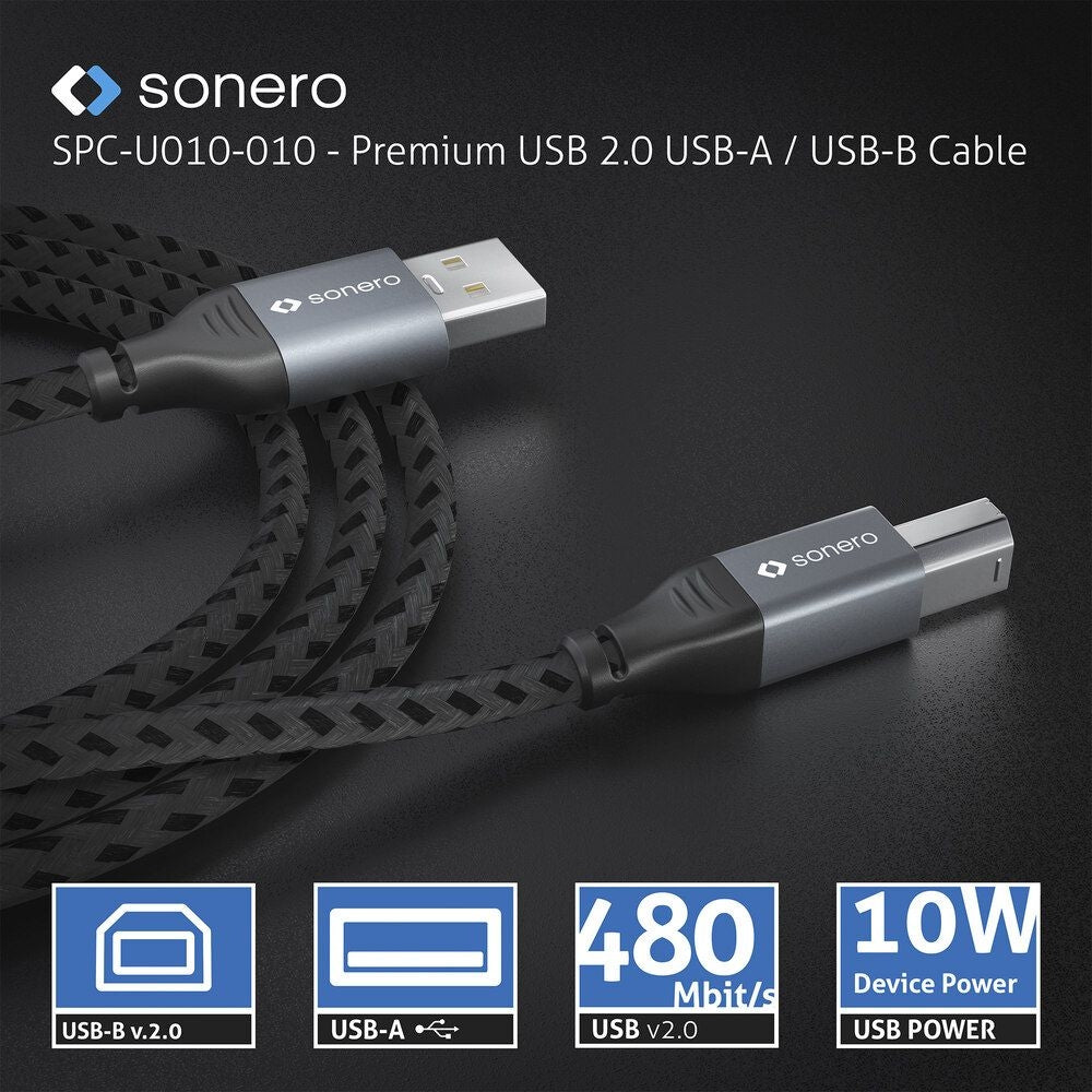 sonero USB-Kabel – USB-A auf USB-B – USB 2.0 (480 Mbit/s) – 3 m – Geflochten, Baumwolle – Schwarz/Grau