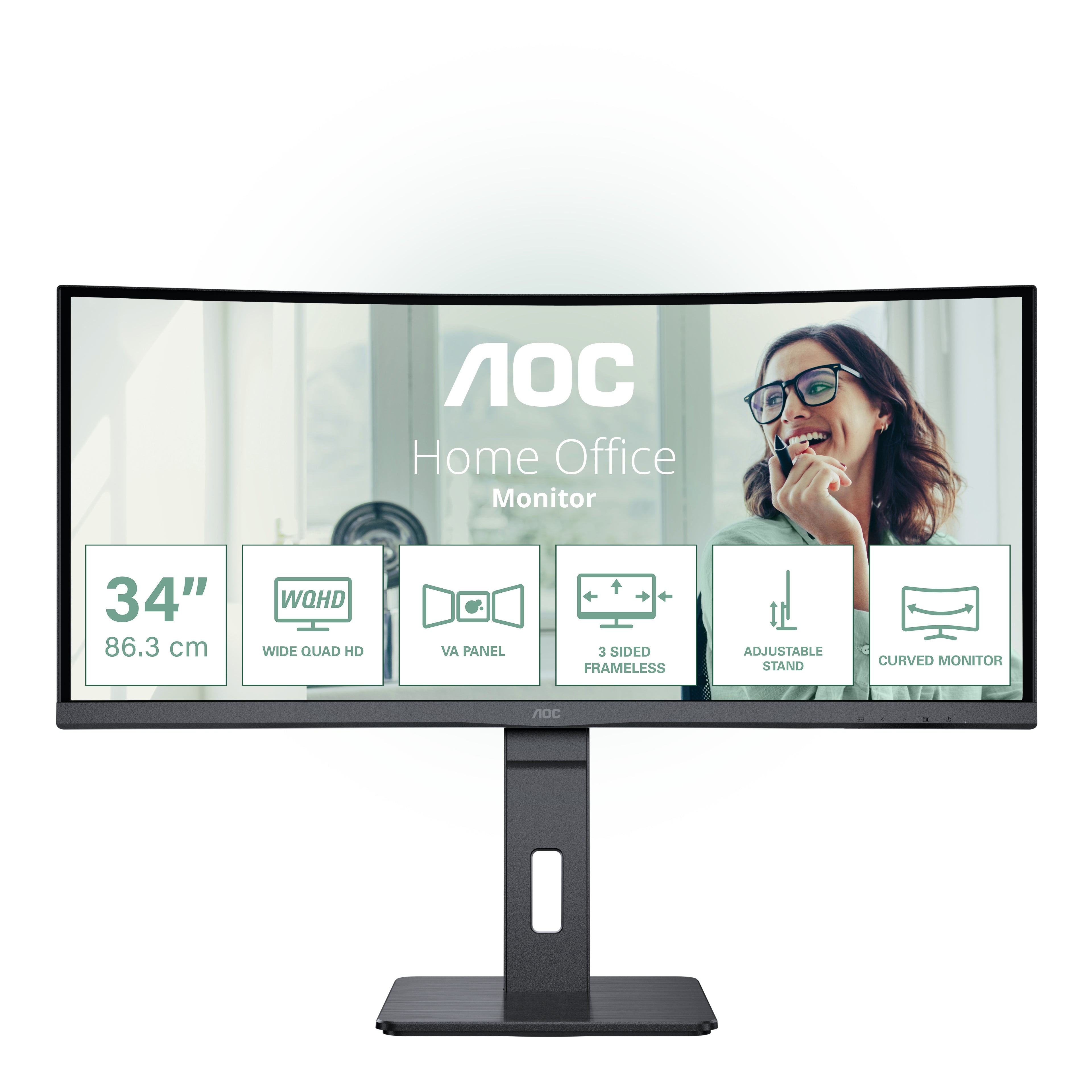 AOC Monitor, 34", 3440 × 1440 (UWQHD), VA, 100 Hz, 300 cd/m², KVM, USB-C, Gebogen, VESA 100 × 100, Schwarz