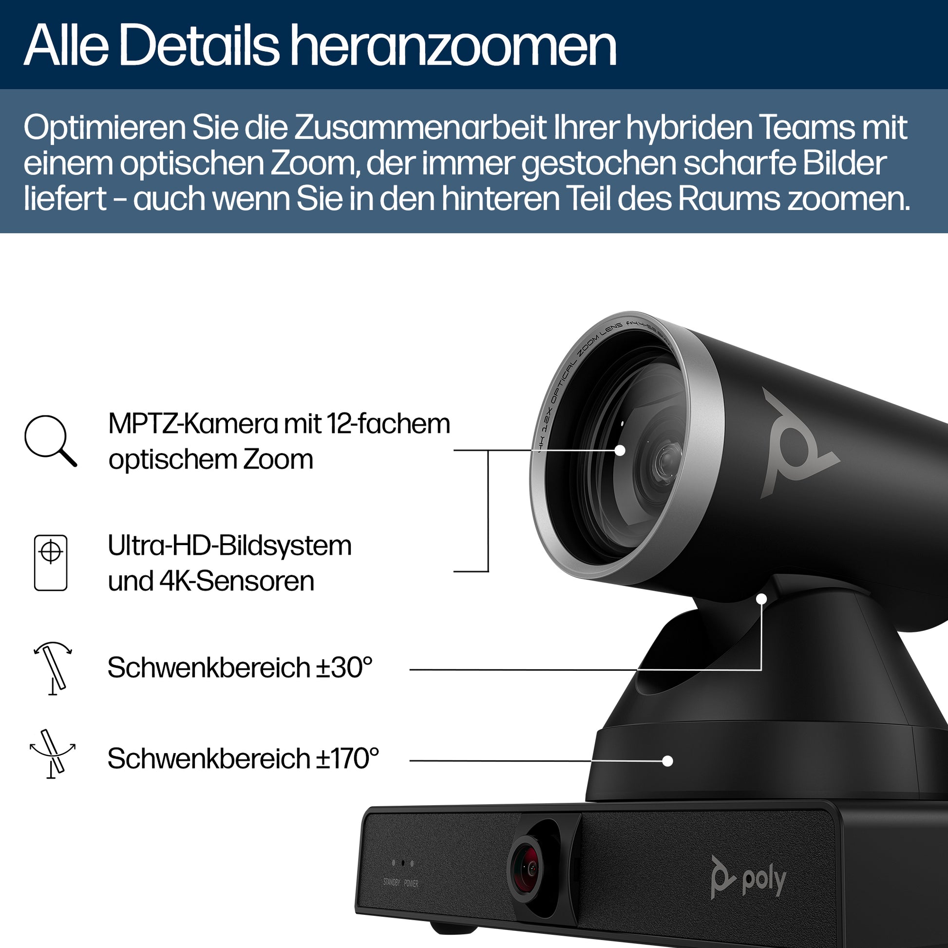 HP Poly Poly Studio E60 – PTZ-Kamera, 4K, 12× optischer Zoom