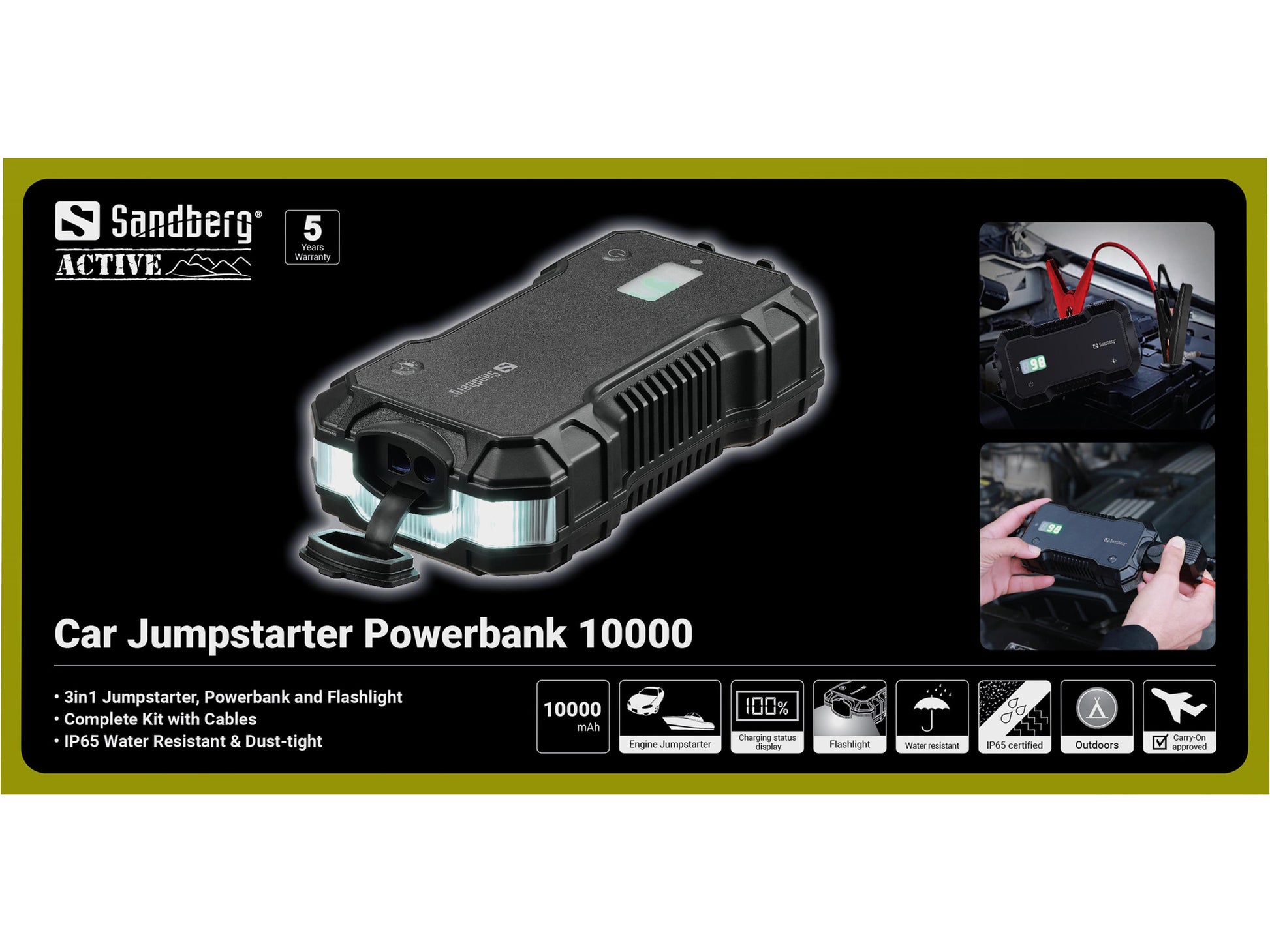 Sandberg Starthilfe-Powerbank – 10'000 mAh, PD 18 W, 1× USB-C, 1× USB-A, IP65, Schwarz, für Starthilfe