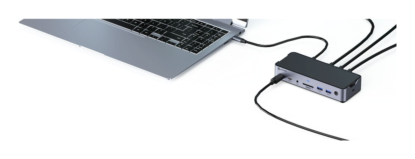 eSTUFF GLB232006 Dockingstation – USB-C, 1× DP, 2× HDMI, 3× USB-A, 2× USB-C, 100 W PD, GbE, SD/microSD