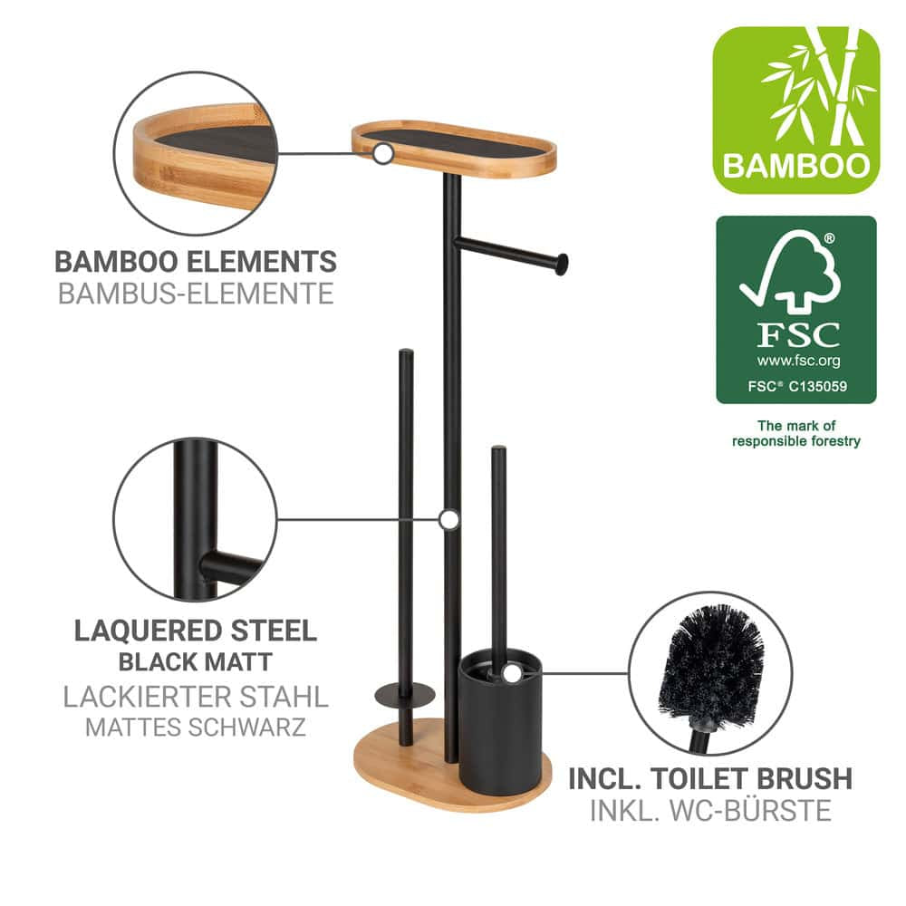 Wenko – WC-Bürstenset – Metall, Bambus, Schwarz, Braun, Bodenstehend, H 70,5 cm
