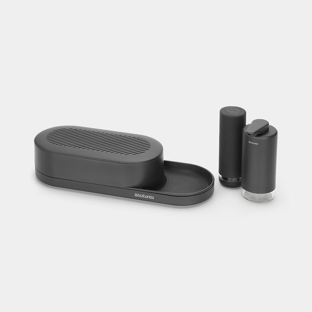 Brabantia Spülebehälter-Set – freistehend, 3er-Pack, dunkelgrau, Kunststoff (Silikon-Details)
