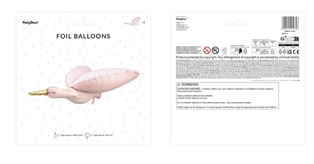 PartyDeco Folienballon Storch – Hellrosa – 103 × 60 cm – Folie – 1 Stk
