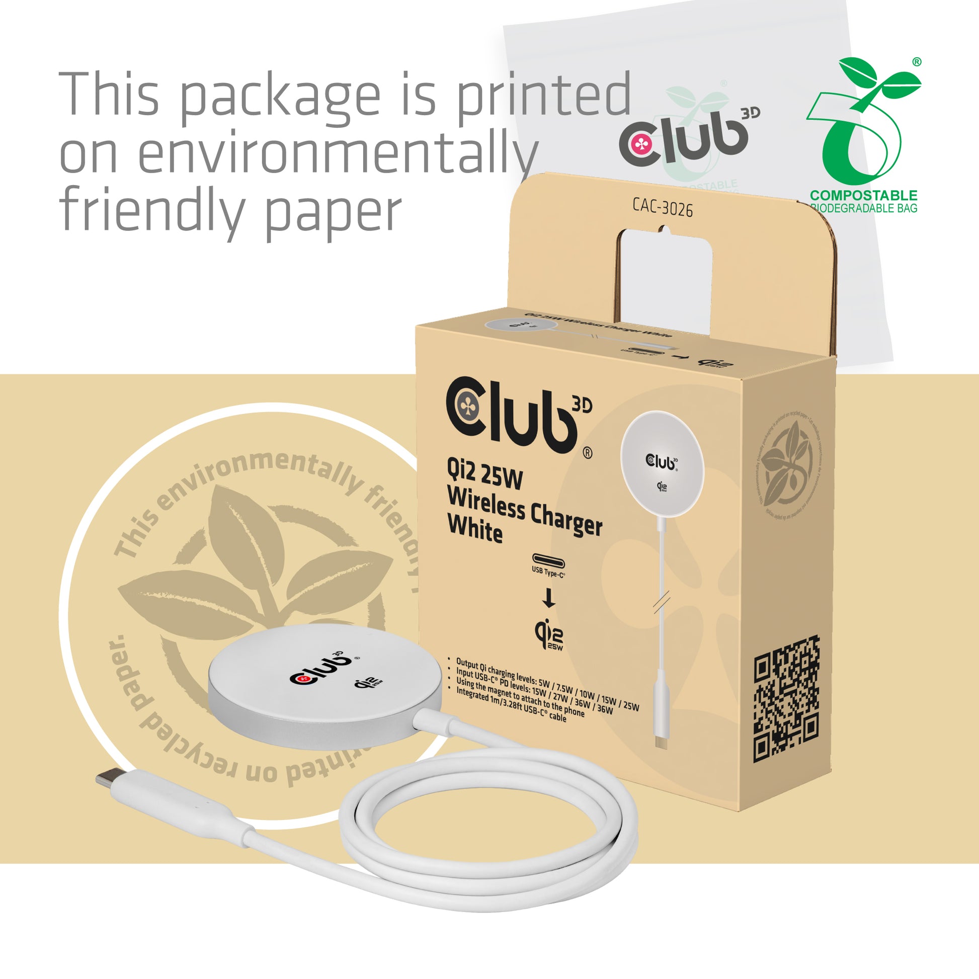 CLUB3D Club 3D CAC-3026 Kabelloses Ladegerät 25 W – Qi2, MagSafe-kompatibel – USB-C×1 – für Smartphones – Weiss