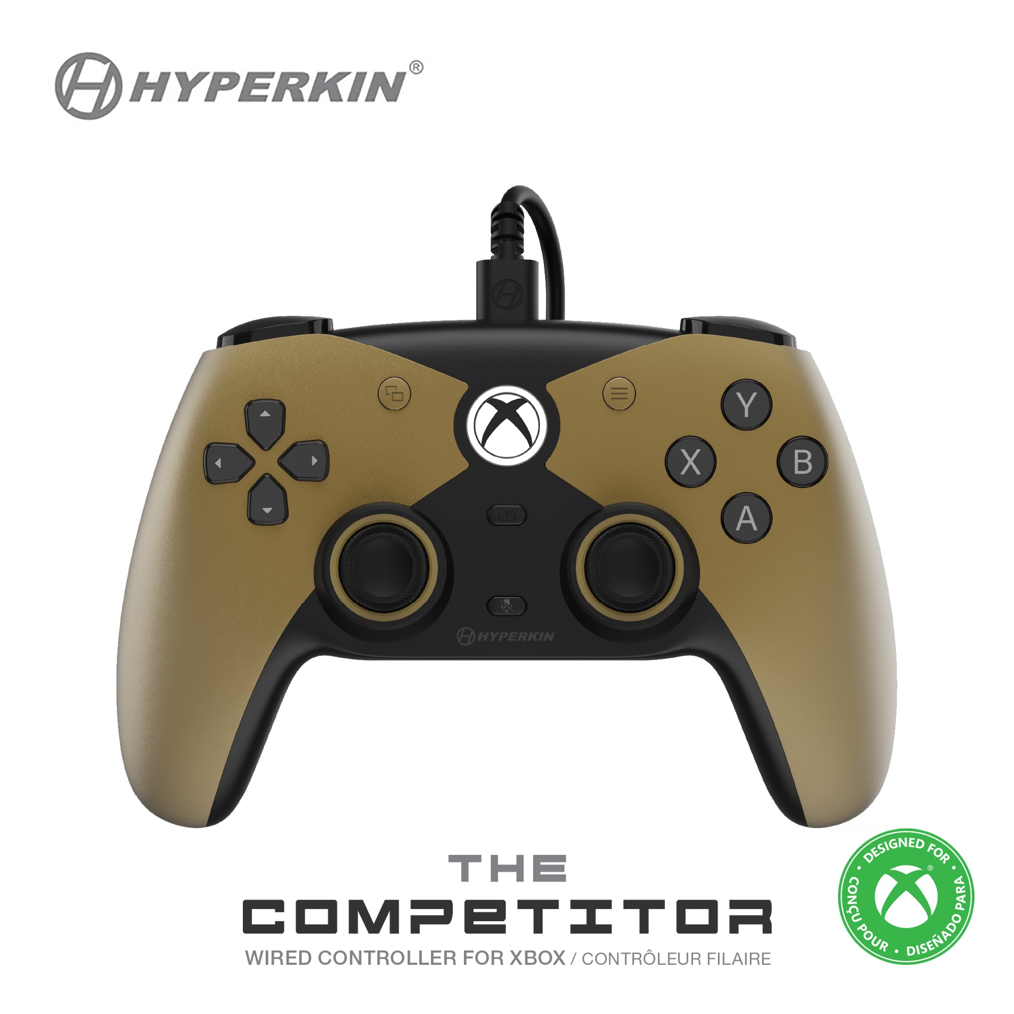 Hyperkin Competitor M01638-GD – Gamepad – Kabelgebunden (USB-C), Vibration, Gold, Schwarz