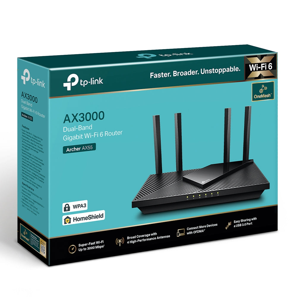 TP-Link Archer AX55 – WLAN-Router – Wi-Fi 6 Dual-Band (2,4/5 GHz), 3,0 Gbit/s