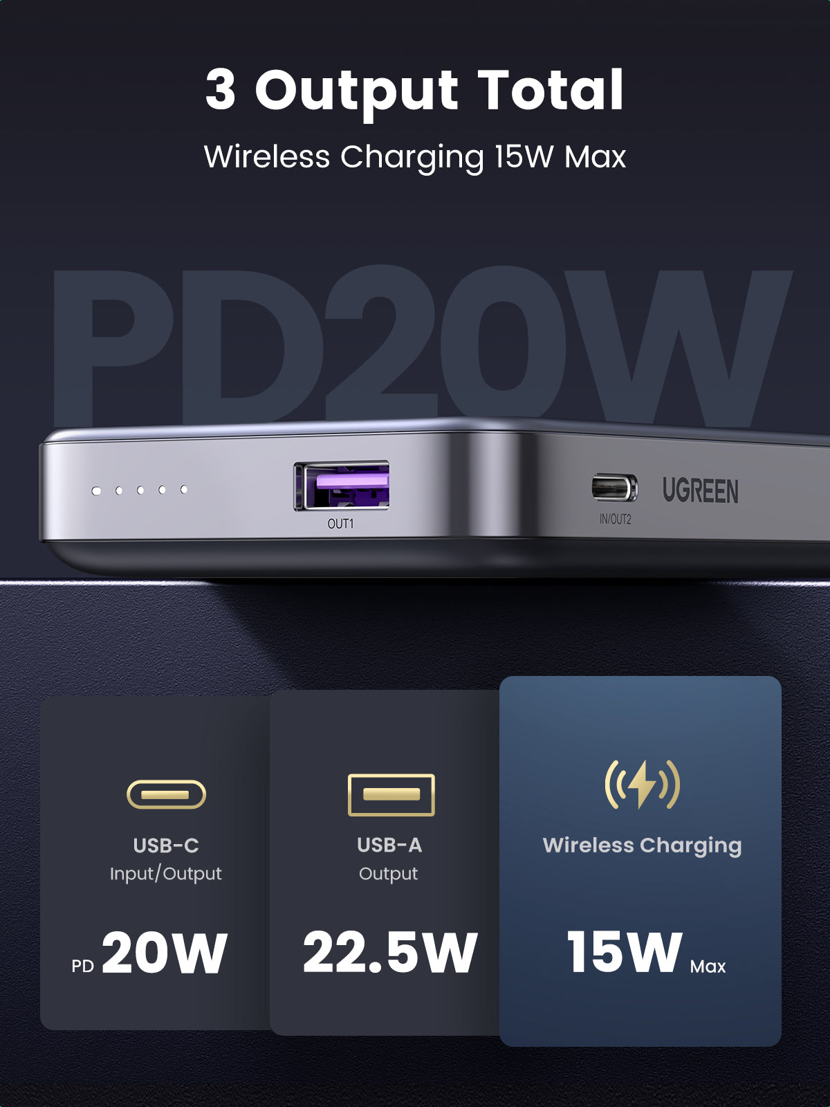 Ugreen MagSafe Powerbank 10'000 mAh – 20 W PD, Wireless 15 W, 1× USB-C, 1× USB-A, Spacegrau, für iPhone 12–15