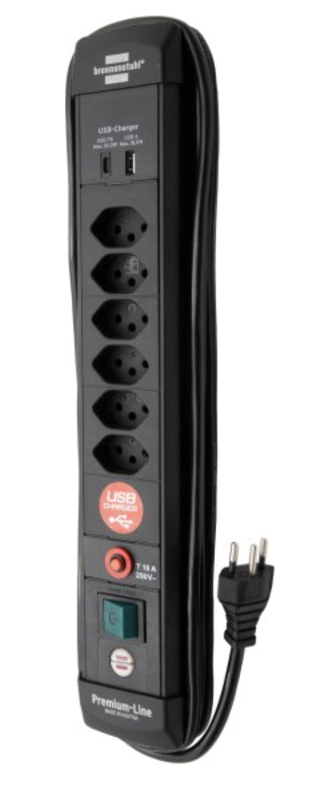 Brennenstuhl Premium-Line – Steckdosenleiste, 6× Schuko (Typ F), 2× USB (1× USB-A, 1× USB-C), 3 m, T12, IP20