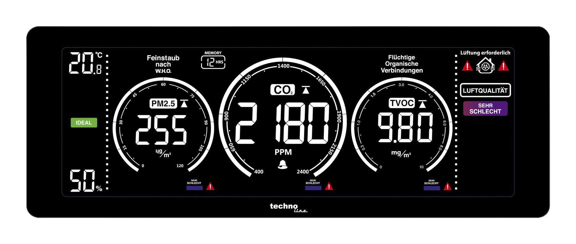 Technoline WL 1035 – Multisensor/Raumsensor, Temperatur & Feuchtigkeit, PM2.5, TVOC & CO2, LCD-Display – Schwarz