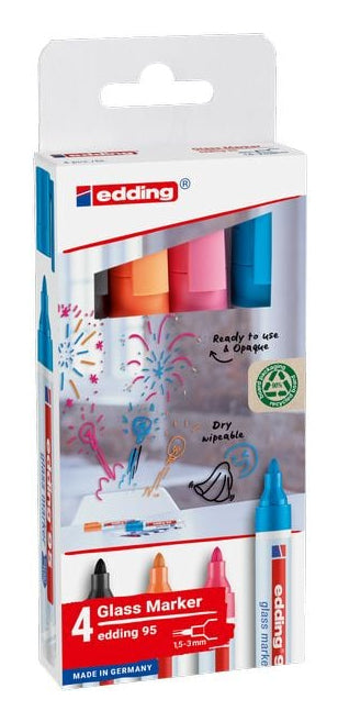 Edding 95 Glasboardmarker – Rundspitze 1,5–3 mm, Schwarz, Hellblau, Orange, Pink, 4 Stk. – für Glas