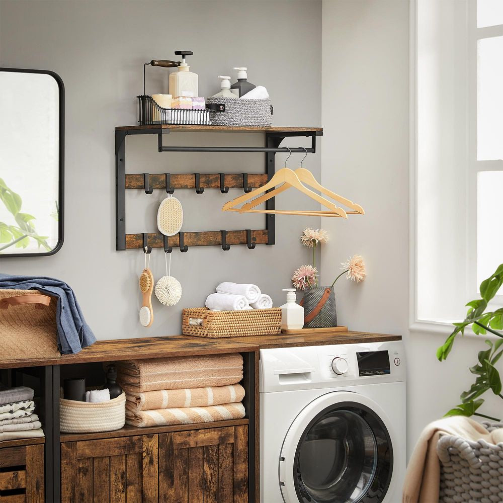 Vasagle Wandgarderobe – 10 Haken, mit Ablage, Stahl/Spanplatte, Braun/Schwarz, 65 × 30 × 42 cm