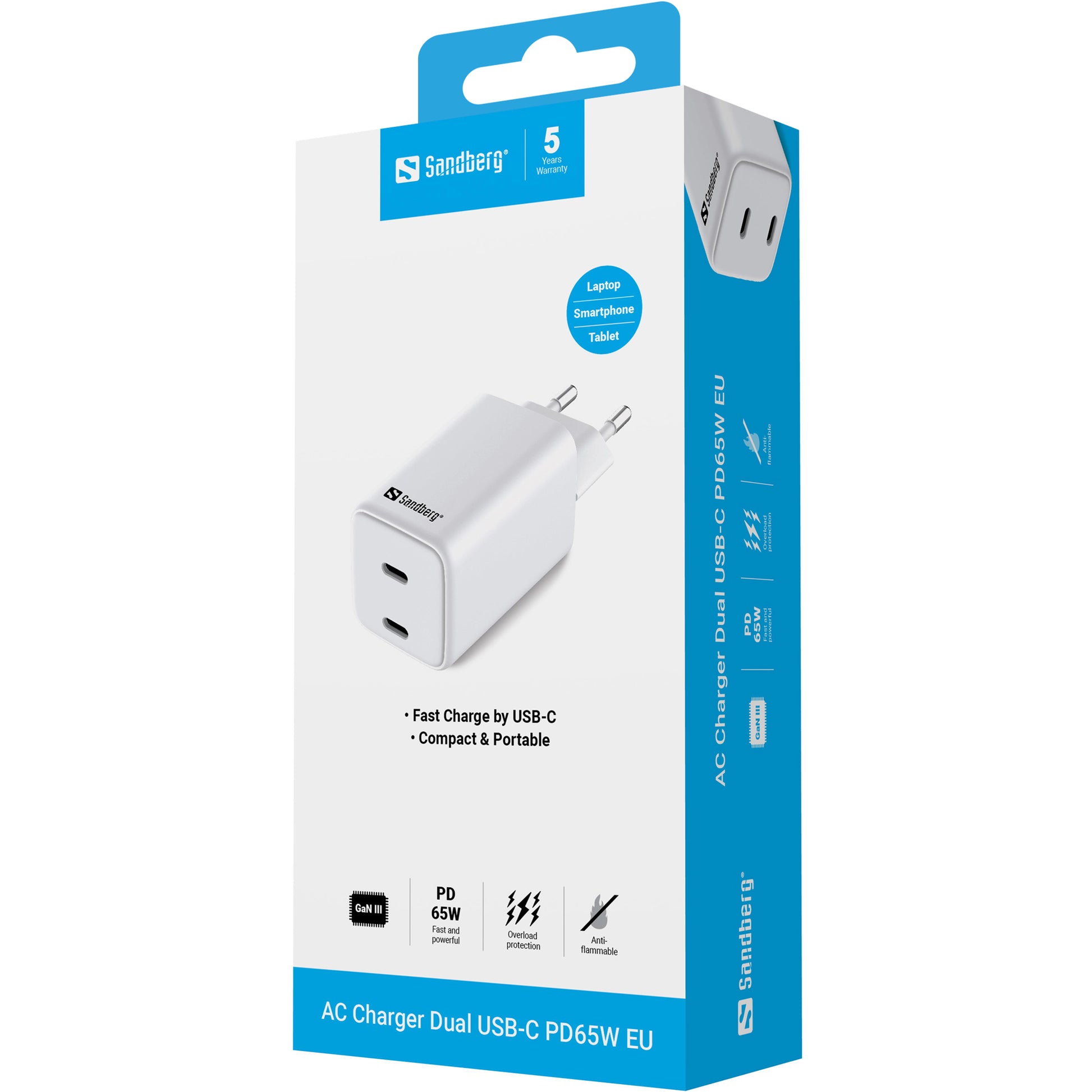 Sandberg USB-Ladegerät 65 W – USB-C×2 – PD – EU-Stecker (Typ C) – Weiss