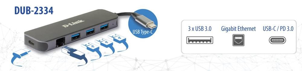 D-Link DUB-2334 Multiport-Adapter – USB-C, 3× USB-A, 60 W PD, GbE, für Windows/Mac