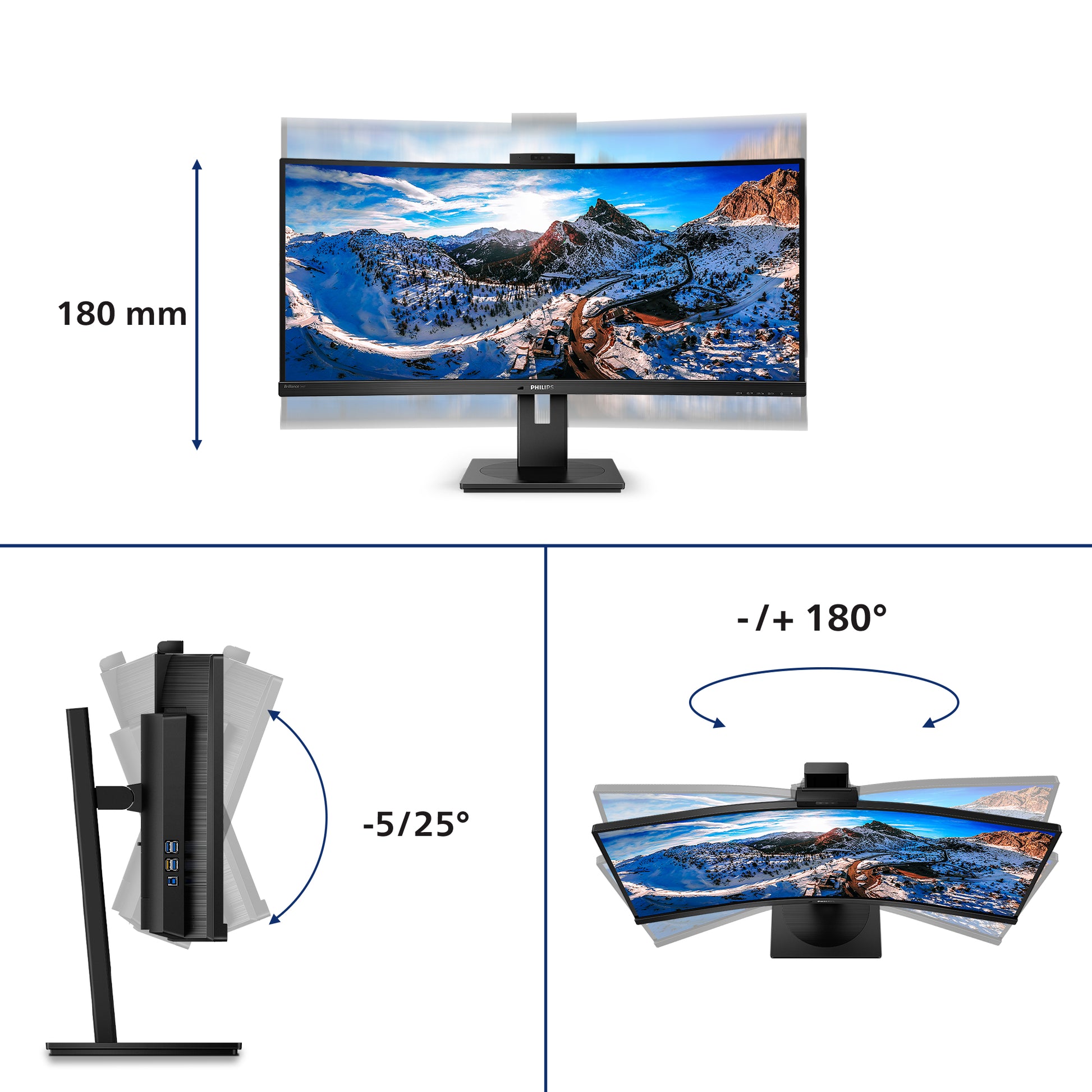Philips 346P1CRH – Monitor, 34", 100 Hz, 500 cd/m², USB-C, Daisy Chain, KVM, Webcam, VESA 100 × 100, Schwarz