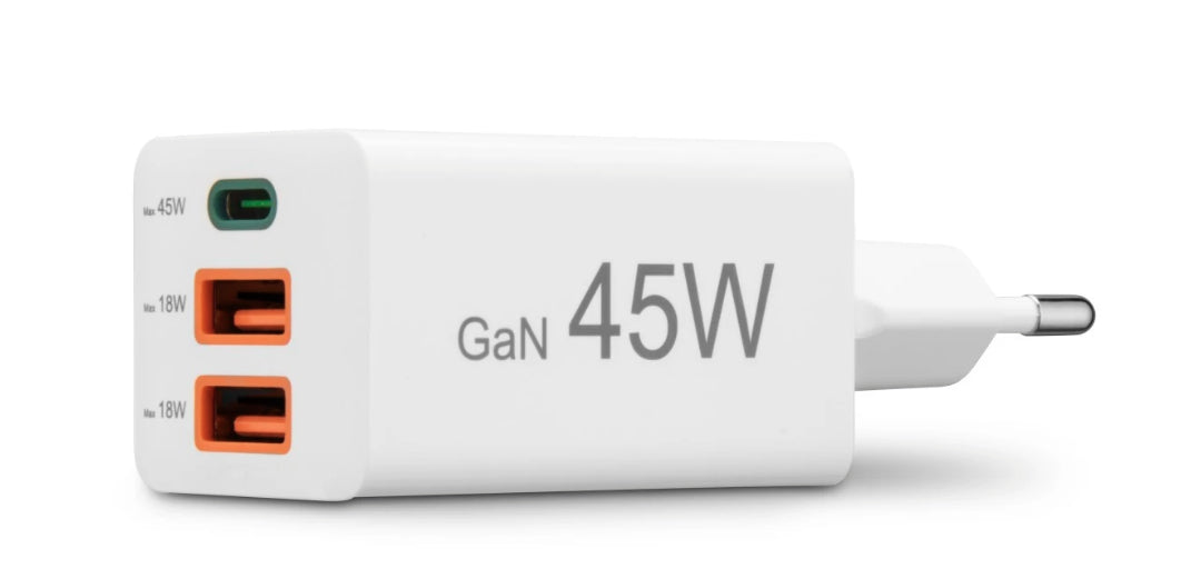 Hama 00201995 USB-Ladegerät 45 W – USB-C×1, USB-A×2 – PD 3.0, QC 3.0, GaN – Weiss