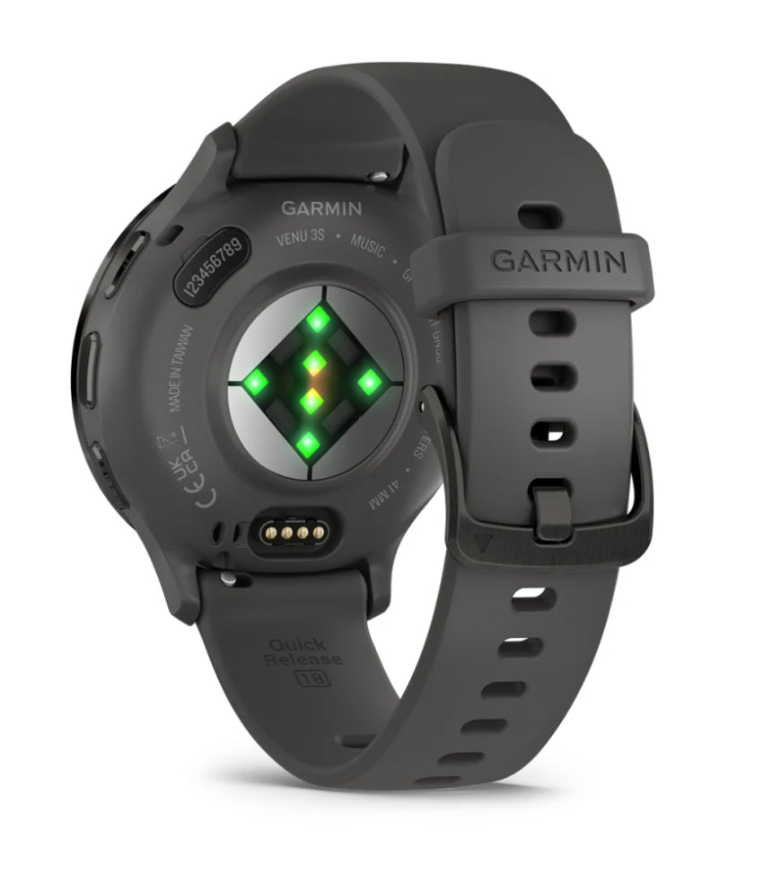 Garmin Venu 3S – Smartwatch – 41 mm, 1,2", GPS, AMOLED, Gorilla Glass, 50 m, Kieselgrau/Schwarz, Sportarmband