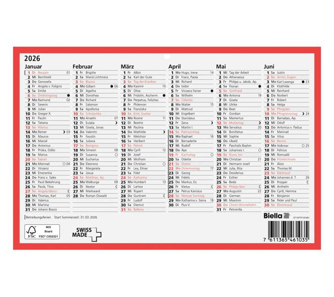 Biella Tafelkalender – Deutsch – 2026 – Zweiseitig – 23,5 × 15,5 cm