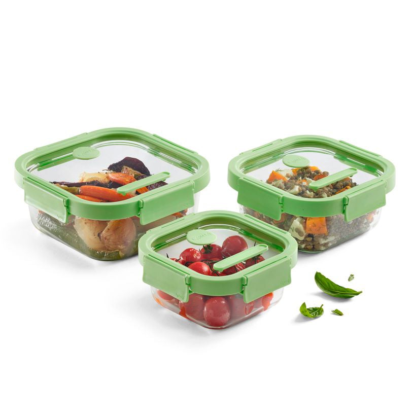 Lékué Vorratsdose 1 l, 23 × 22 × 13 cm, Glas (Borosilikat), 3er-Set, transparent/grün