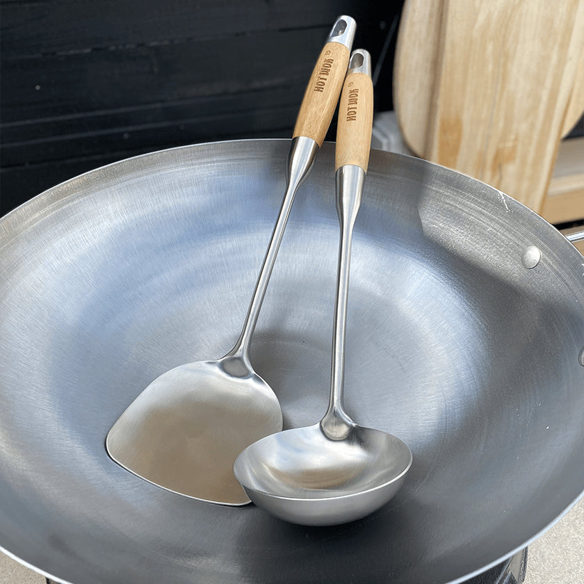 Hot Wok HW6010 – Wok-Löffel, 9,5 × 38 × 5 cm, Edelstahl/Holz, aufhängbar