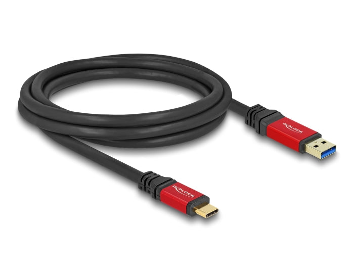DeLOCK USB-A auf USB-C Kabel – USB 3.2 Gen 2 (10 Gbit/s) – 2 m – Metallverstärkt, Goldstecker – Schwarz/Rot