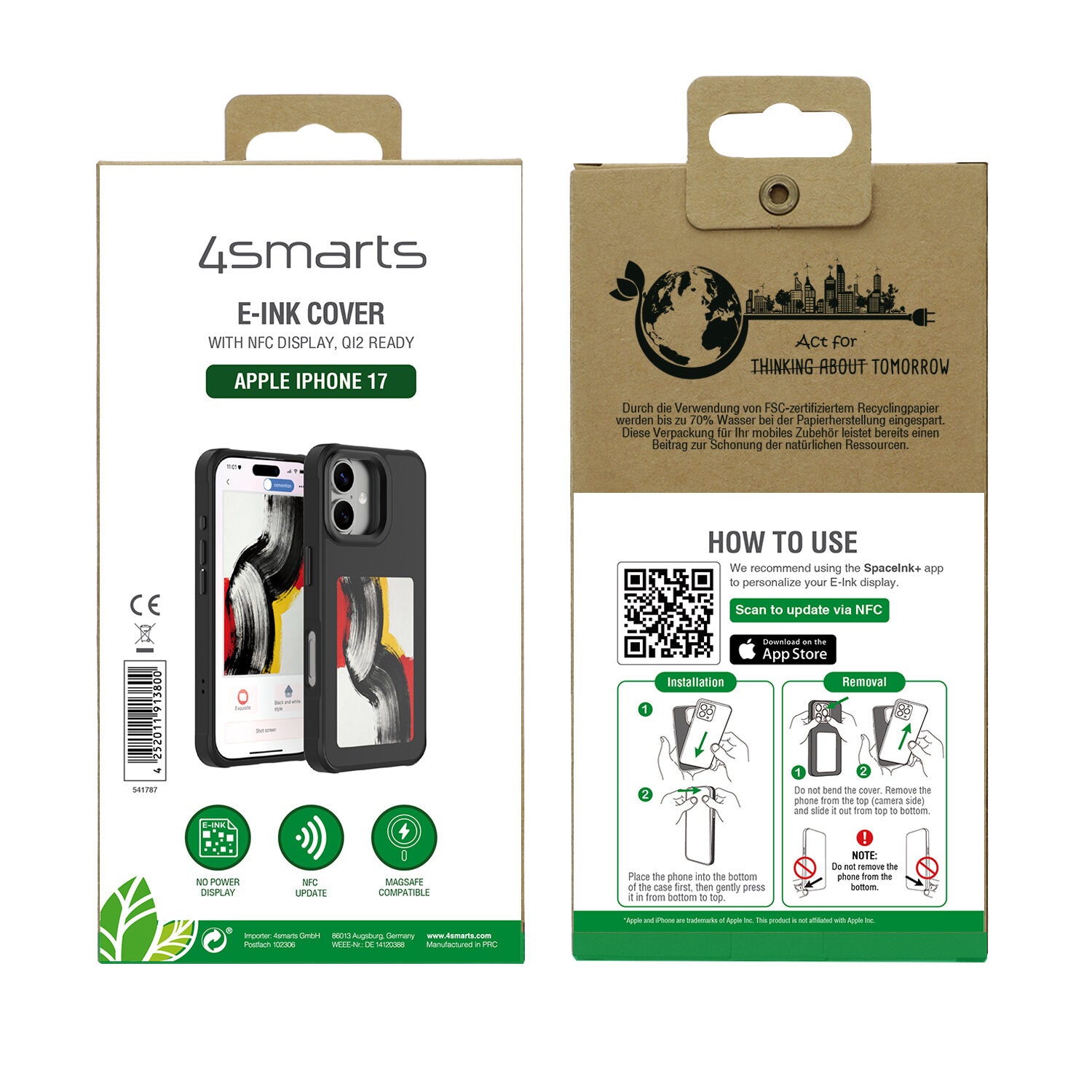 4smarts E-Ink Backcover – für Apple iPhone 17, MagSafe, PC, Schwarz, E-Ink-Display mit NFC