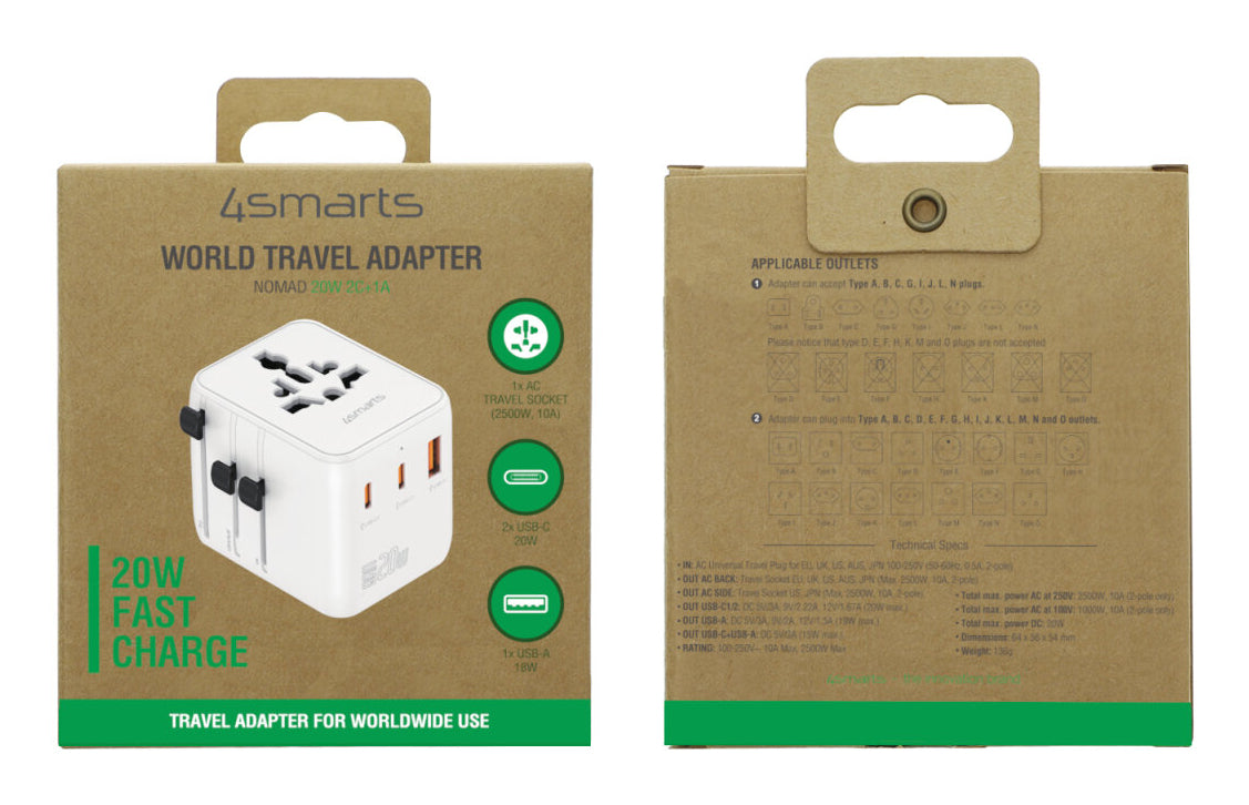 4smarts Nomad Weltreiseadapter GaN 20 W – 4×230 V, USB-C×2, USB-A×1 – Weiss