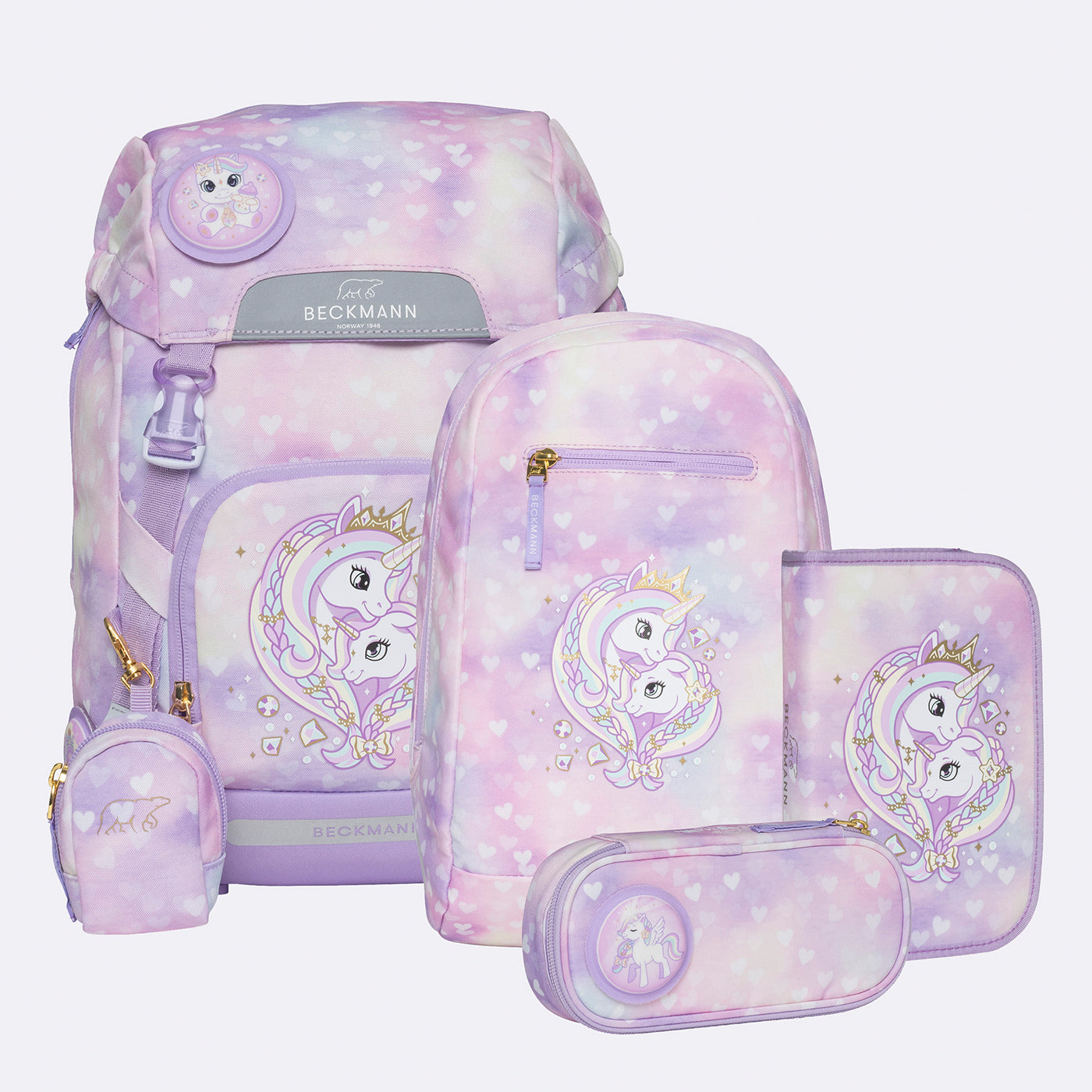 Beckmann Classic Schulrucksack-Set 1. Klasse – 6-teilig – Einhorn Prinzessin Violett