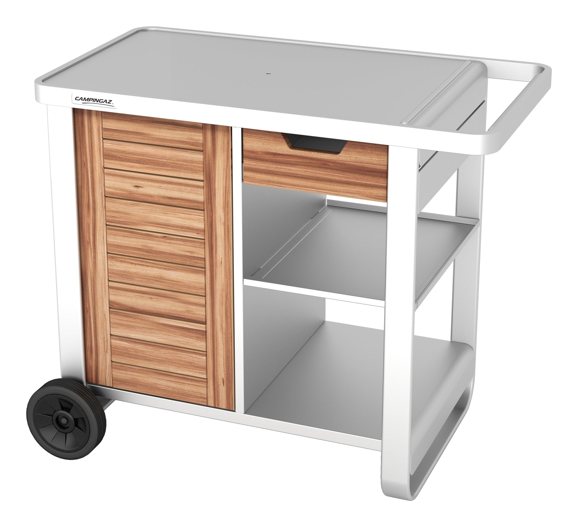 Campingaz Wagen, 1 Regal, 2 Räder mit Lenkrollen, Silber/Holz