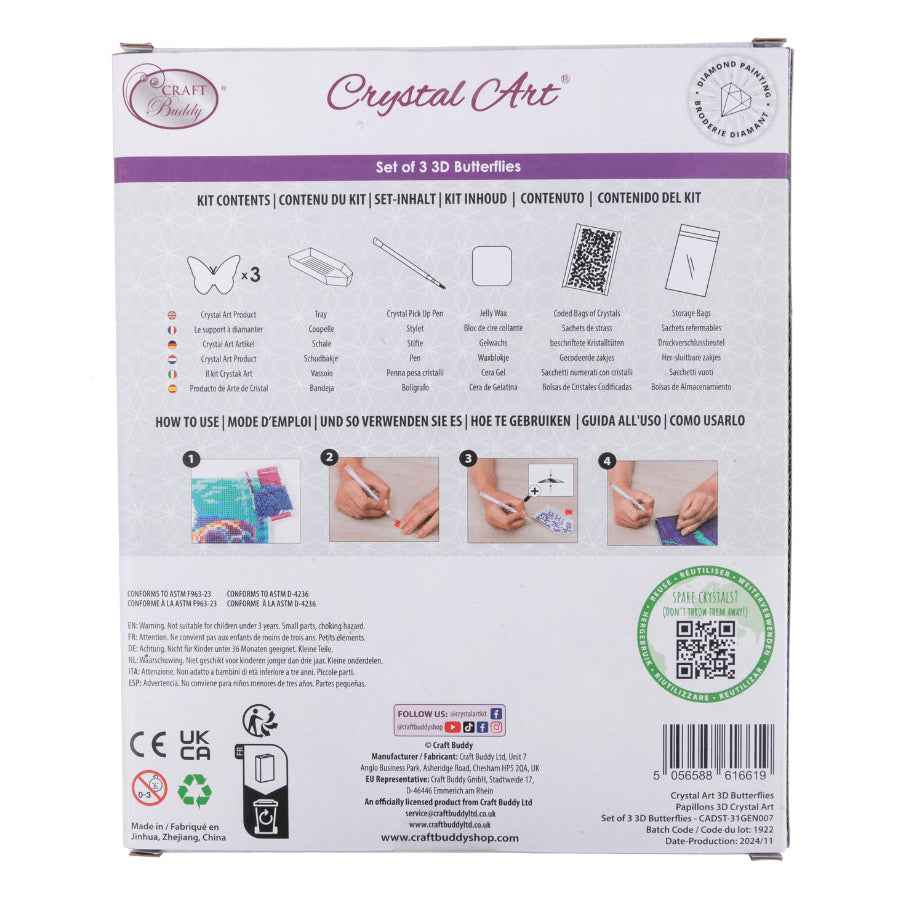 CRAFT Buddy Crystal Art 3D Schmetterlinge – Bastelset – 10 × 8 cm – 3-teilig – ab 8 Jahren