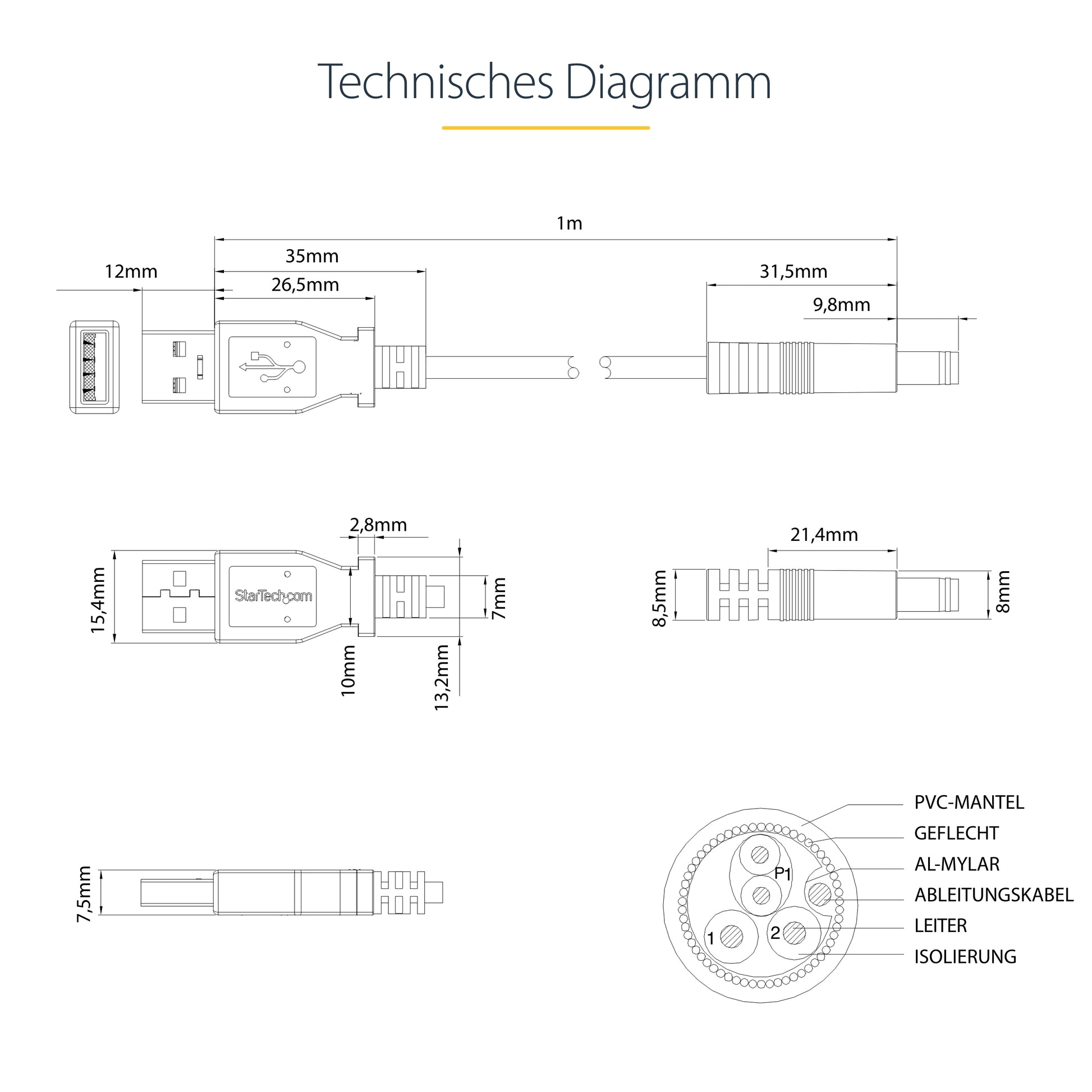 StarTech.com USB-A auf Hohlstecker Typ N Kabel – USB 2.0 (480 Mbit/s) – 1 m – Geschirmt – Schwarz