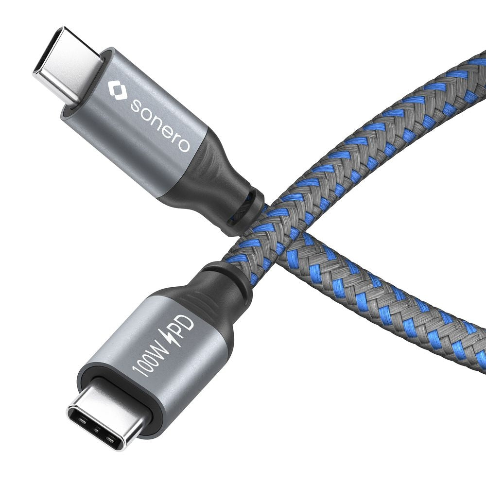 Sonero – USB-C auf USB-C Kabel – USB 2.0 (480 Mbit/s) – 1,5 m – PD 100 W – Textilmantel – Grau/Blau