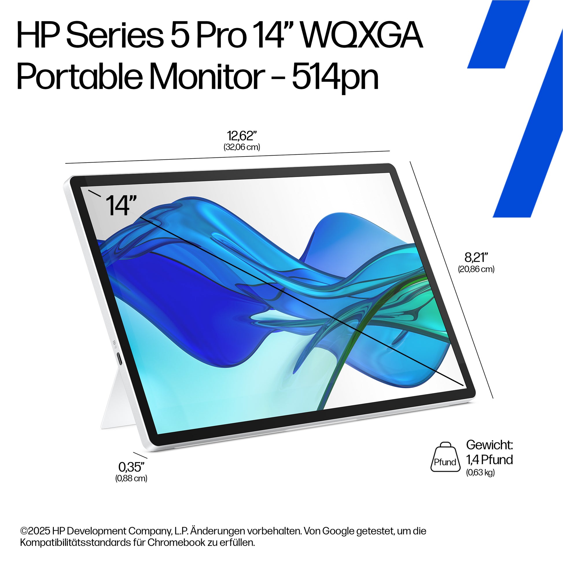 HP Series 5 Pro 514pn – Tragbarer Monitor, 14", IPS Schwarz, 75 Hz, 400 cd/m², 2× USB-C, Silber