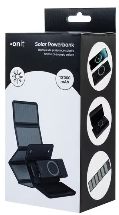 ONIT Powerbank 10000 mAh, PD 20 W, Kabelloses Laden, Solarpanel 10,8 W, Schwarz