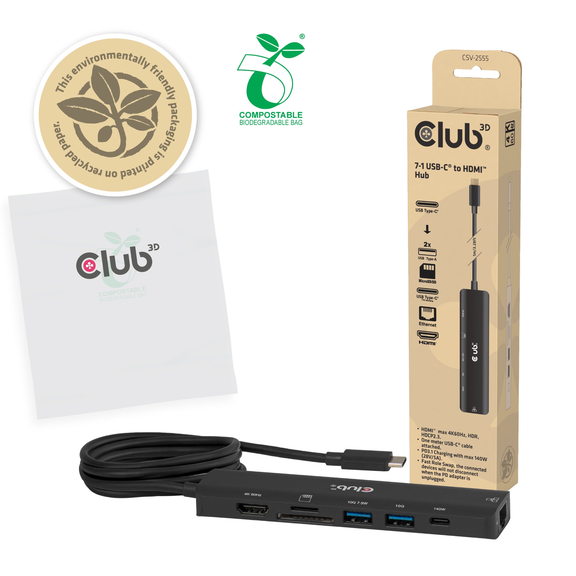 CLUB3D Club 3D Multiport-Adapter – USB-C, 1× HDMI, 2× USB-A, GbE, microSD