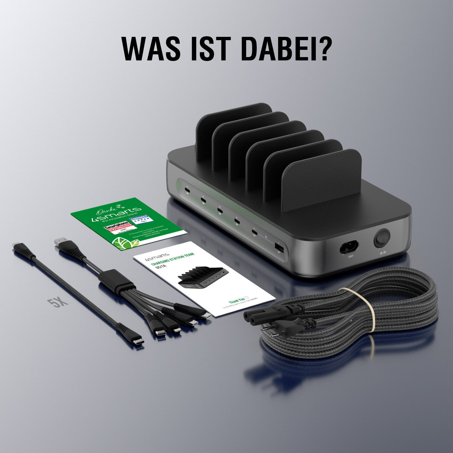 4smarts Ladestation Team USB-Desktop-Ladegerät 100 W – USB-C×5, USB-A×1 – für Apple – Schwarz
