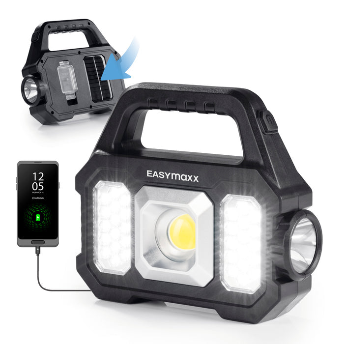 EASYmaxx Arbeitsstrahler 12899 – 15×17×5 cm, Akku & Solar, USB, 3,7 V – Schwarz, ABS