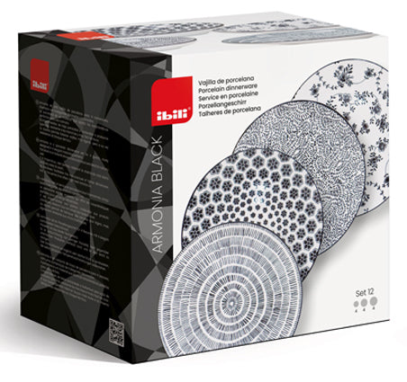 Ibili Teller Armonia – 12er Set, Porzellan, Schwarz/Weiss, spülmaschinenfest, mikrowellengeeignet